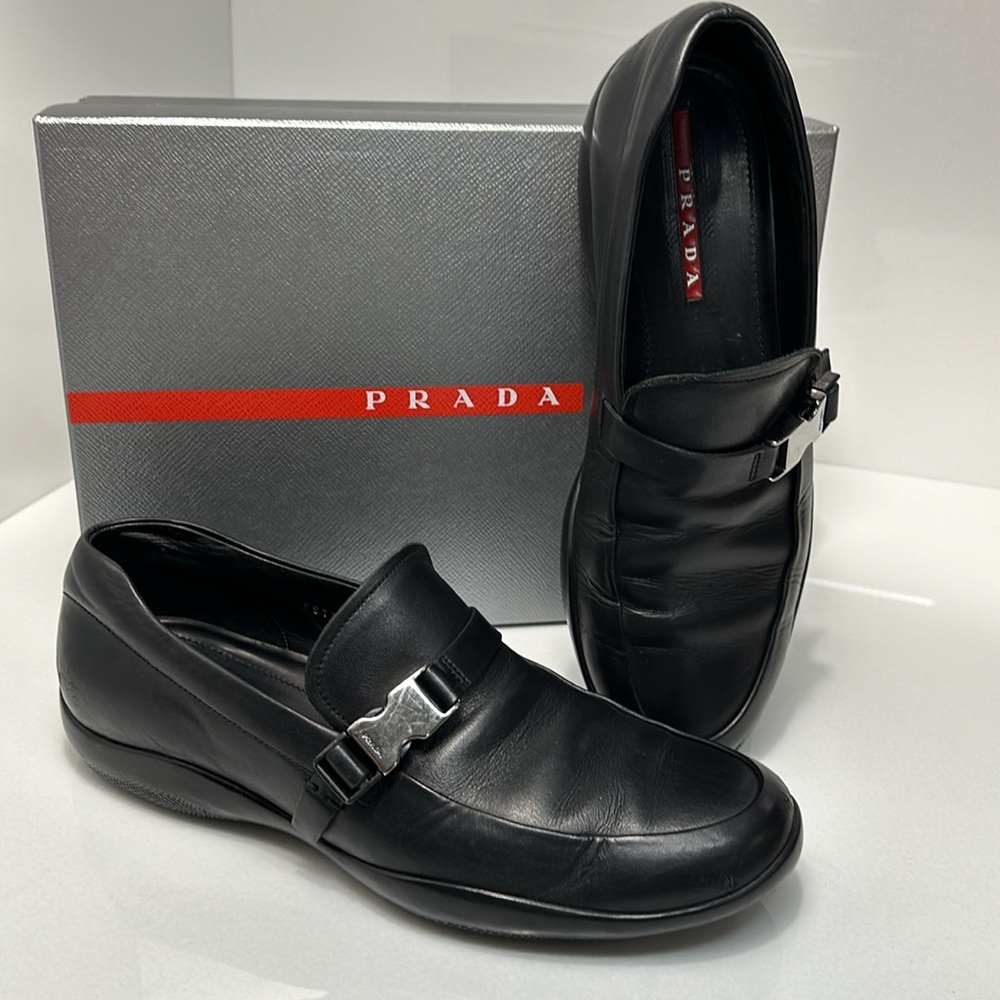 Prada men’s Spazzolato Rois buckle loafers size 9.5 PS1187 black leather shoes - Picture 9 of 12